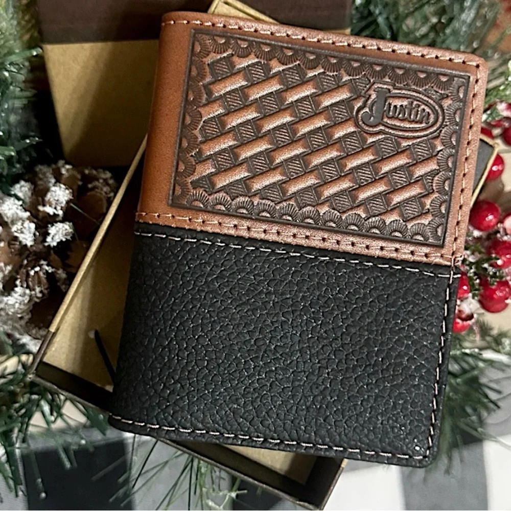 New Justin Boots Mens Leather Wallet Bi Fold Basketweave Card Wallet Brown Black